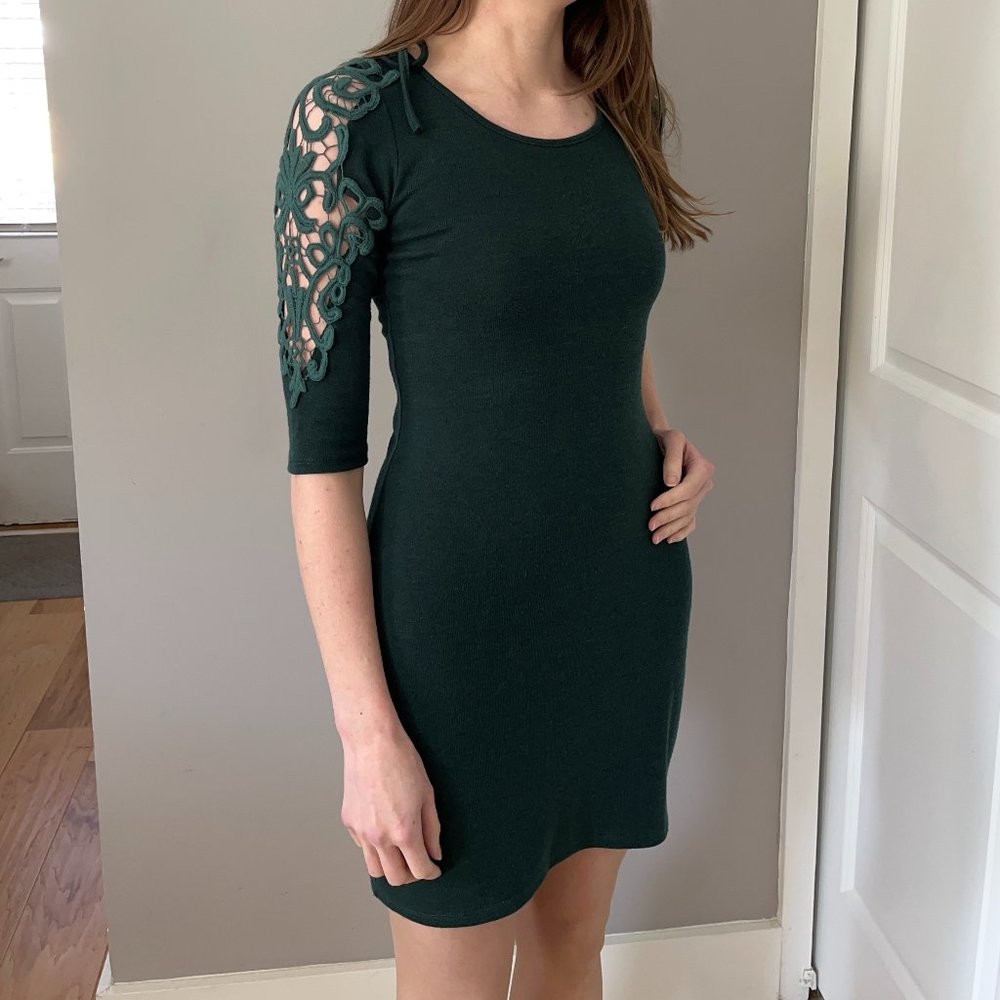 Modcloth Forest Green Dress with Lace Sleeves